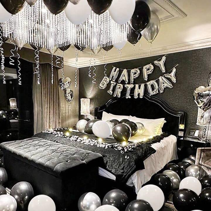 45pcs Black White Silver Birthday Party Decoration Balloons Set with 16 Inch Silver Happy Birthday Banner