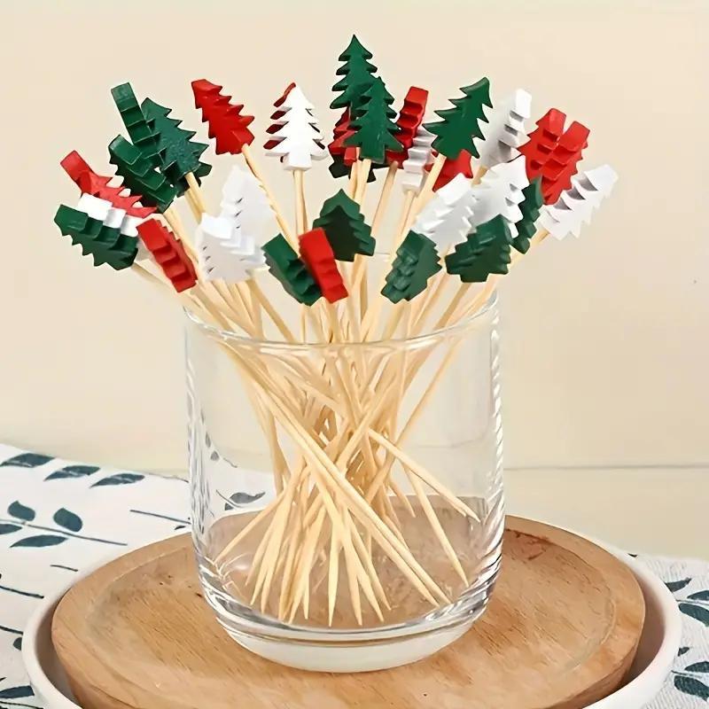 Christmas Tree Design Fruit Stick, 100pcs set Disposable Bamboo Toothpick, Multi-functional Bamboo Toothpick for Appetizers, Cupcakes, Party Decorations