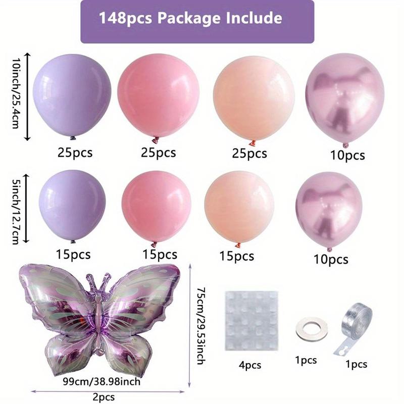 Butterfly Decorative Balloon Arch Kit, 148pcs Decoration Balloon Garland Set, Festive & Party Supplies for Birthday Party Wedding Decor [Package List as Picture Shown]